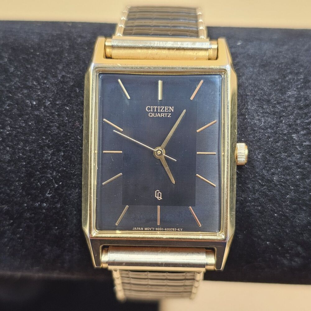 Vintage Citizen Quartz Men's Tank Watch 6031-K02627 Black Dial Speidel Band